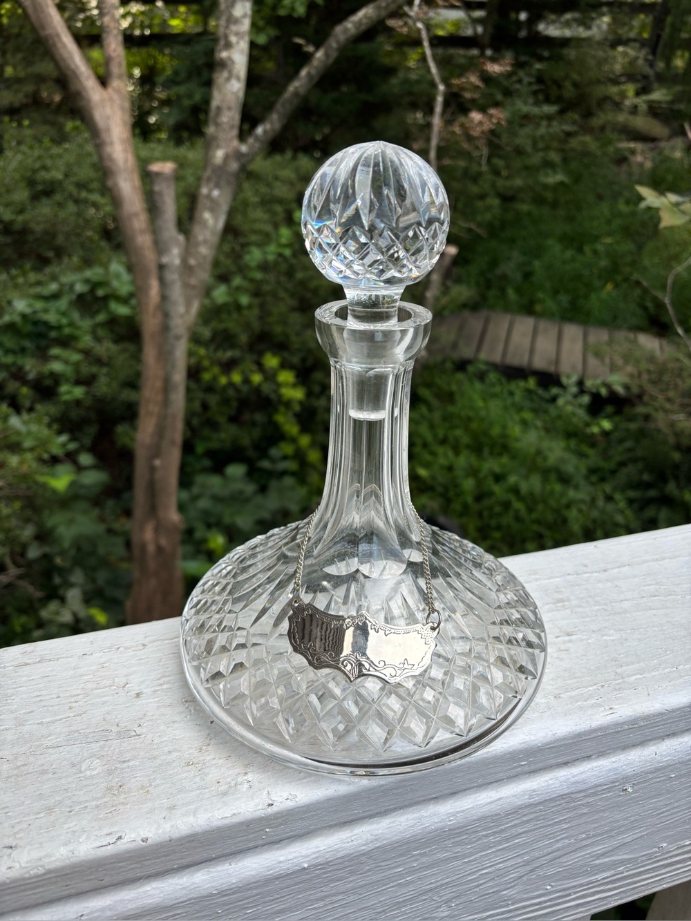 Lead Full Lead Crystal Glass Wine or Brandy Decanter with Silverplate Label